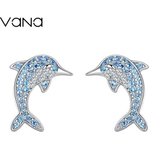 VANA Dolphin Stud Earrings for Women 925 Sterling Silver Stud Earrings Set with 5A Blue CZ