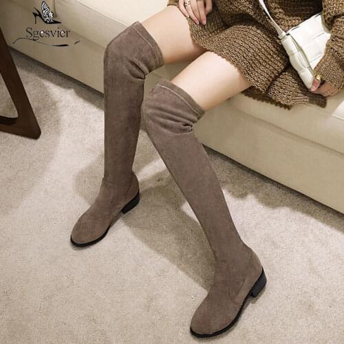 Sgesvier 2020 Stretch Faux Suede Long Stocking Over The Knee Boots Chunky Heel Black Botas Long Elastic Women Boot Shoes Wiinter