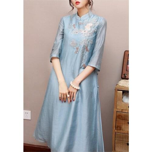 Free shipping autumn original design Chinese style flower Embroidered big size silky cotton stand collar loosen dress for women