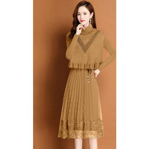 Knit dress 2021 new autumn winter high-end temperament mid-length style waist slimming fashion sets dress two-piece set s355