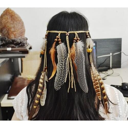 Bohemian Indian Ethnic Handmade Leather Rope Brown Feather Headbands Wood Beaded Boho Hairband Hair Accessories Fashion Jewelry