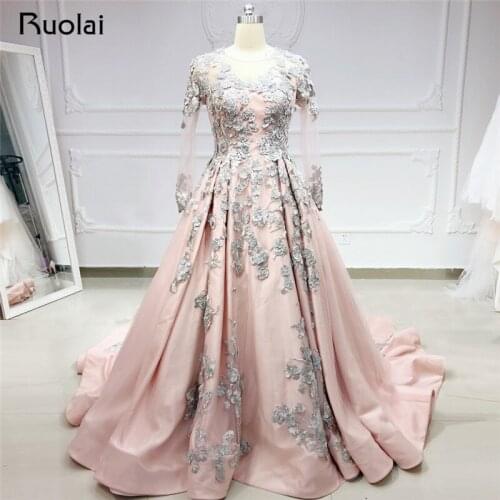 Vintage Evening Dresses Long Sleeve V Neck Princess Ball Gown Evening Gown Flower Crystal Prom Dress 2019 Vestido de Fiesta SN37
