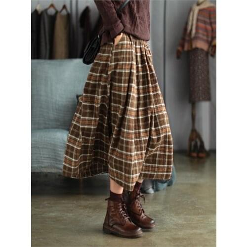 Women Skirt Autumn Winter Retro Loose All-match Tops Ladies New Elastic Waist pocket Plaid Casual Skirt