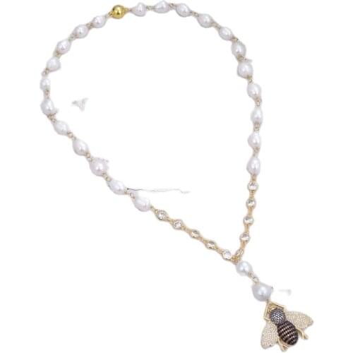 GG Jewelry 22" Natural White Rice Pearl Necklace Cz Pave Gold Color Plated Bee Pendant For Women Punk Jewelry