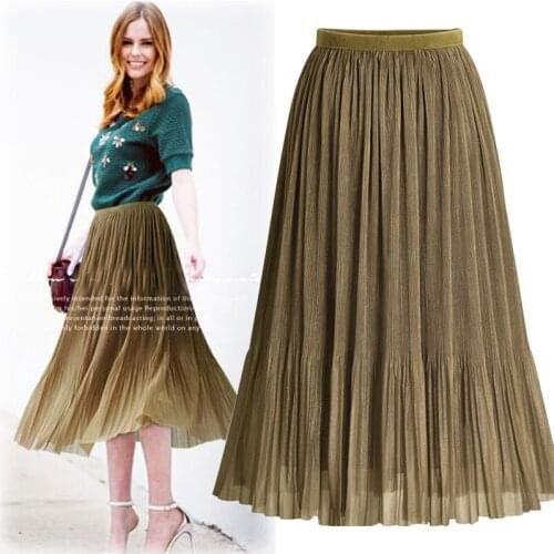 Women Summer A Line Mesh Skirts Solid Color Large Pleated Solid Color Street Wear Lady Half Skirt