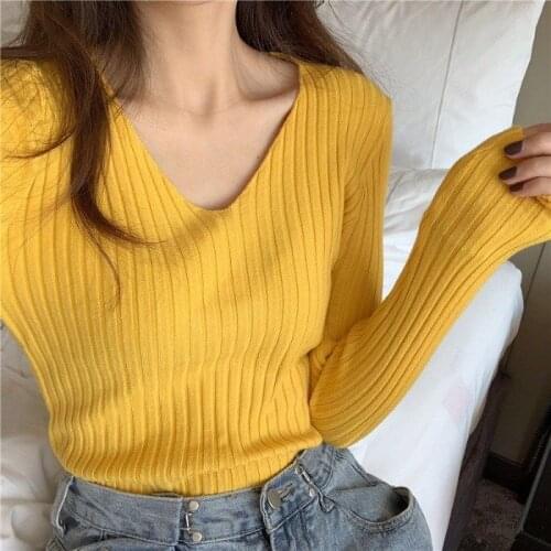 Woman Sweaters Womens Knitwear V-neck Outerwear Orange Autumn Pullover Long Sleeve Slim Fit Sweater