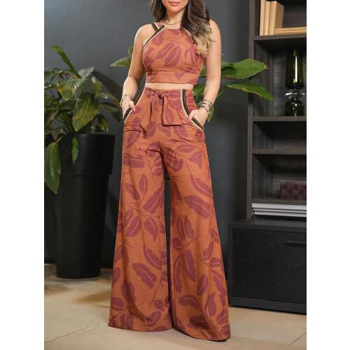 Leaf Print Sleeveless Top & Pants Set Summer Women Two Piece Set