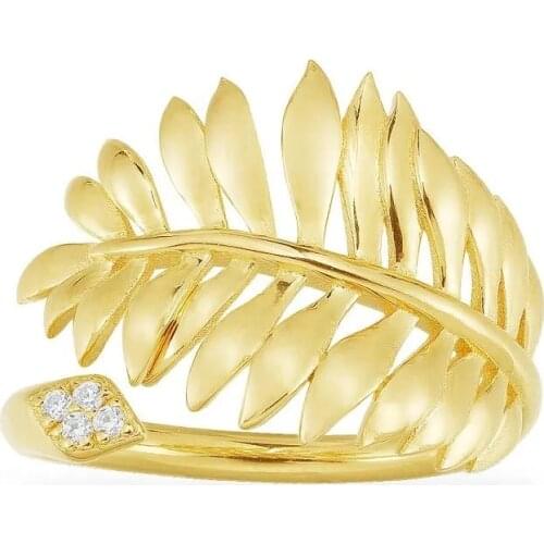 SLJELY High Quality Fahsion Real 925 Sterling Silver Yellow Gold Color Tropical Palm Leaf Open Ring Women Luxury Brand Jewelry