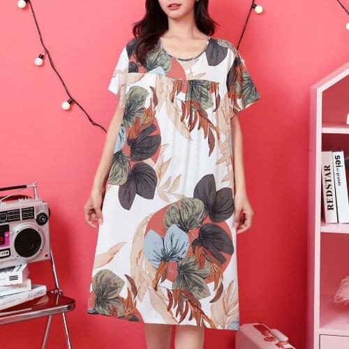 Cartoon Print Night Dress New Women Cotton Viscose Nightgown Loose Short sleeve Sleepshirts Nightdress Cute Home Wear large size