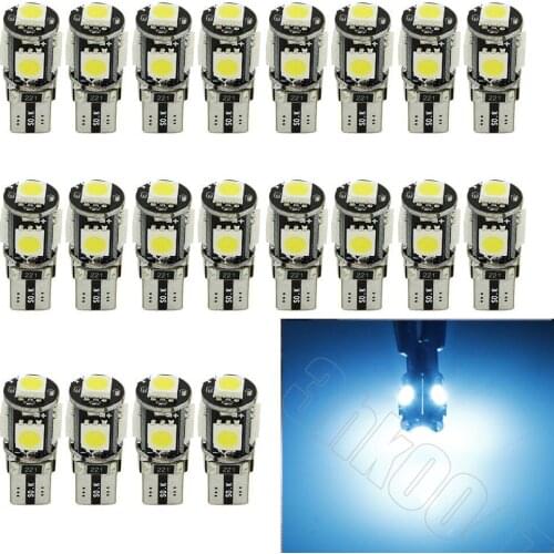 20PCS Ice Blue T10 W5W 5050 5SMD LED Canbus Error Free Bulbs For 192 168 194 Clearance Lamps License Plate Lights 12V
