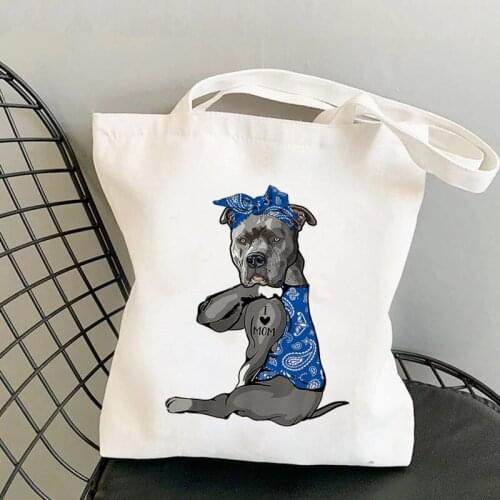 2021 Fashion Shopper blue Bandanas Pit Bull I LOVE MOM Printed Tote Bag women shopper girl Shoulder shopping Lady Canvas Bag