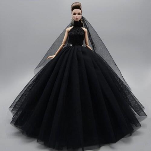 Black High Neck Wedding Dress For Barbie Doll Outfits Princess Evening Party Gown Long Dresses Doll Clothes & Veil