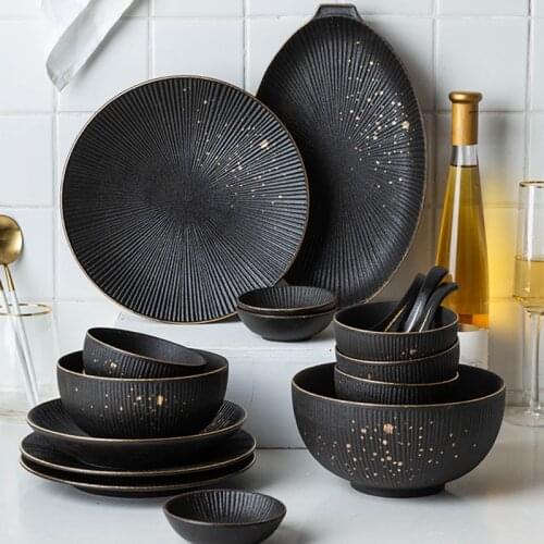 Phnom Penh Household Kitchen Tableware European Creative Steak Plate Black Ceramic Dishes Spoon Bowl Dish Flatware Set