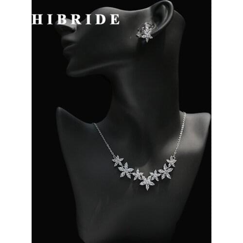 HIBRIDE Beaudtiful Flower Clear Cubic Zirconia Jewelry Sets Women Wedding Bridal Necklace Earring Set Dress Accessories N-260