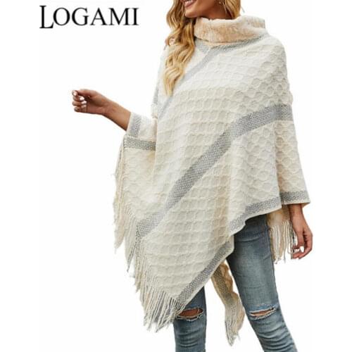 LOGAMI Fur Collar Shawl Sweater Women Fall Ponchos and Capes Long Poncho Femme