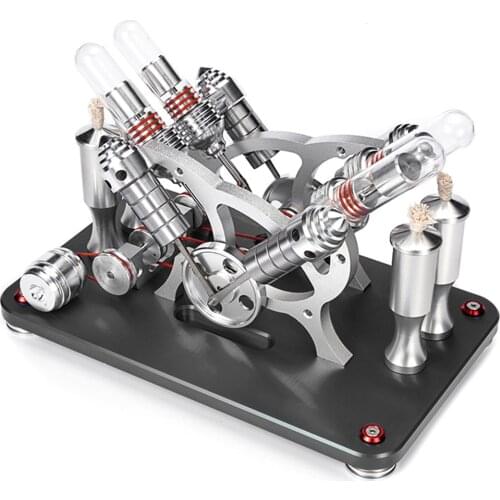 Metal Bootable V4 4-cylinder Parallel Stirling Engine Model Micro External Combustion Engine Model - Atmospheric Black