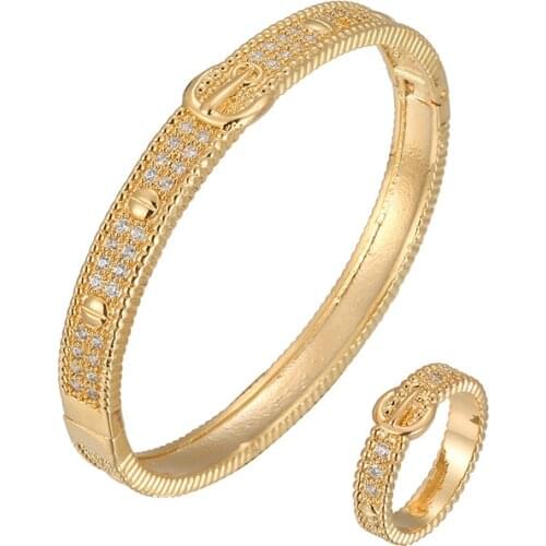 Trendy Clamper CZ Bracelet Ring Set RB61301 Jewelry Woment Elegant Bangle Gold Silver Plated