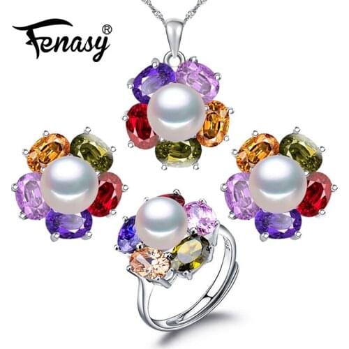 FENASY 925 Sterling Silver Jewelry Sets Bohemian Ruby Pendant Natural Pearl Stud Earrings For Women Party Rings