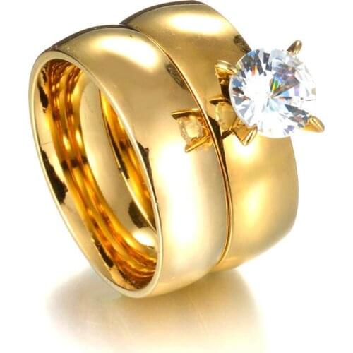 New Fashion Simple Design Stainless Steel Mens Rings Lover Couple Rings Alliance Gold Wedding Band Crystal Rings Set for Women
