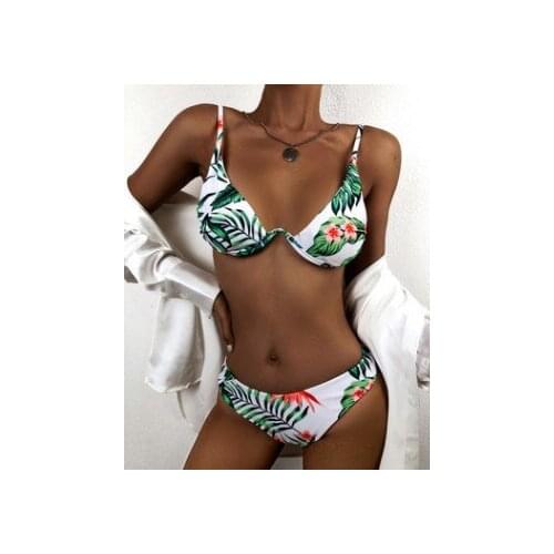 2021 New Ladies Fashion Two-Piece Split Bikini Bikini Suit Leaf Print Top + Bottom Suit Ladies Fashion Sexy Swimsuit for Ladies