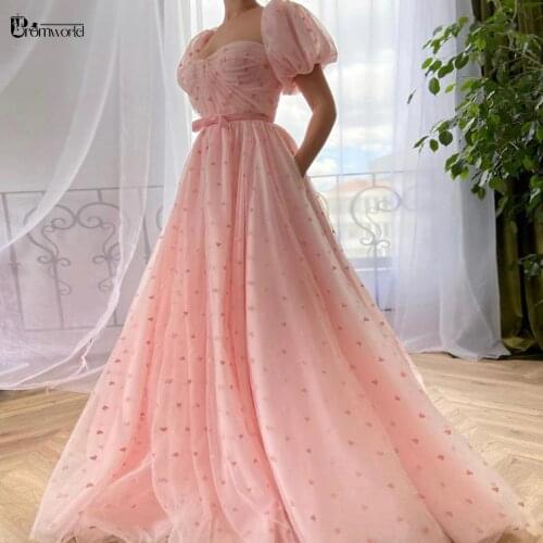 Promworld Pink Sweetheat Dotted Tulle Prom Dresses 2021 New Design A Line Puff Sleeves Princess Long Evening Party Gowns
