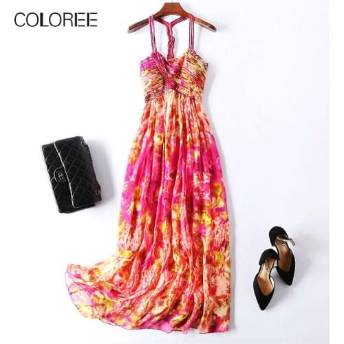 Summer Bohemian Beach Dress Women 2020 Sexy V-neck Spaghetti Strap Printed Silk Long Dress