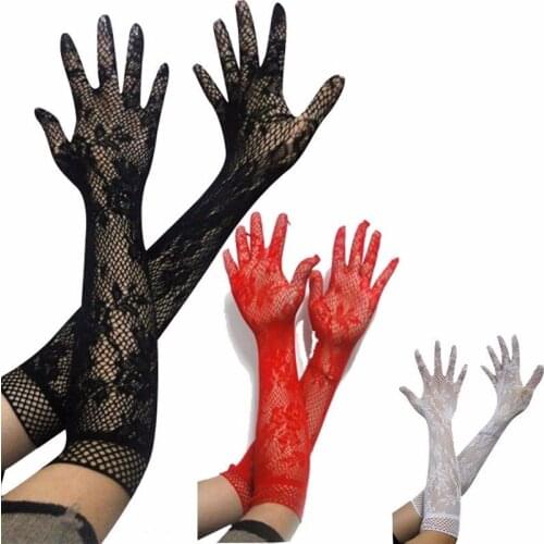 Ladies Girls Prom Hen Fancy Lace Elbow Length Elegant Burlesque Gloves French Maid fishnet old up Lace top satin bow