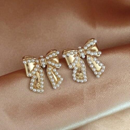 Luxury Romantic Jewelry Enamel Pearl Bow Bowknot Metal Butterfly Stud Earrings Party Accessories Gifts for Women Korean Style