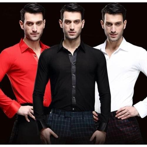 New Latin Dance Shirt Black White Mens Dance Tops Long Sleeve Dance Clothes Male Tango Ballroom Dance Competition Shirt L2728