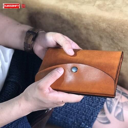 Handmade Clutch Bag Cowhide Mens Long Wallet Vintage Leather Ticket Holder Multi-card Mobile Phone Bags Large Capacity Original
