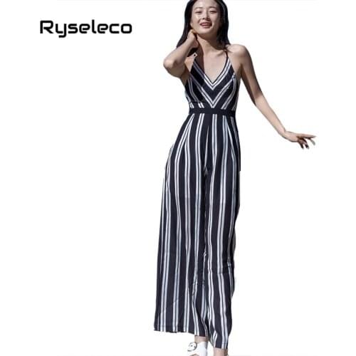 Ryseleco Fashion Boho Beach Sexy V-Neck Back Criss Cross Lace Up Casual Rompers Chiffon Striped Sweet Spaghetti Strap Jumpsuits