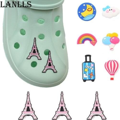 Novel 1pcs Lovely clouds Shoe Charms Eiffel Tower Rainbow and Trunk Shoe Accessories Decoration Fit Croc Jibz Kids Party Gifts