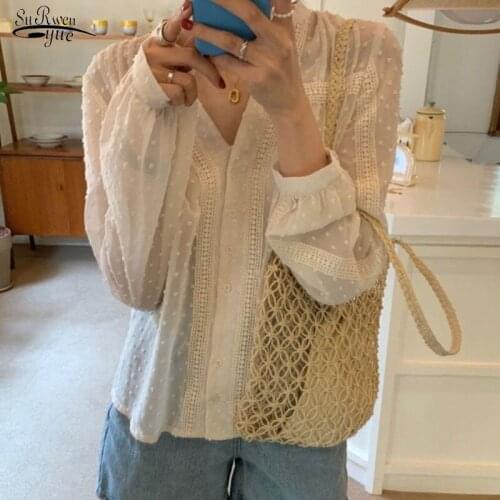 Summer New 2021 Korean Chic Wind Small Fresh Perspective Lace Blouse Loose Doll Shirt Sunscreen Shirt Woman Blusas Femme 14790