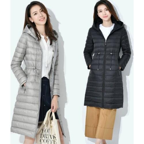 Women Knee Length Ultralight Duck Down Jackets Slim Waist Portable Down Padded Parkas Female Hooded Puffer Outerwear JK-830