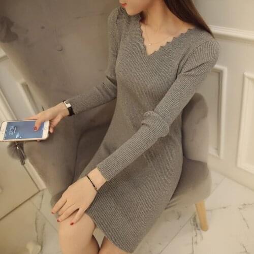 Womans Sexy Slim-fit Pullover Slim Mid-length V-neck Harajuku Bottoming Sweater Tight-fitting Female Hip Knitted Dress Autumn