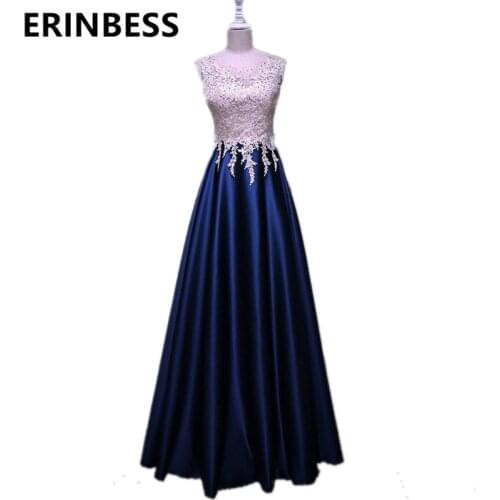 Robe de soiree longue White And Dark Blue Lace Appliques Beaded Evening Dresses Long Satin Mother Of The Bride Dresses