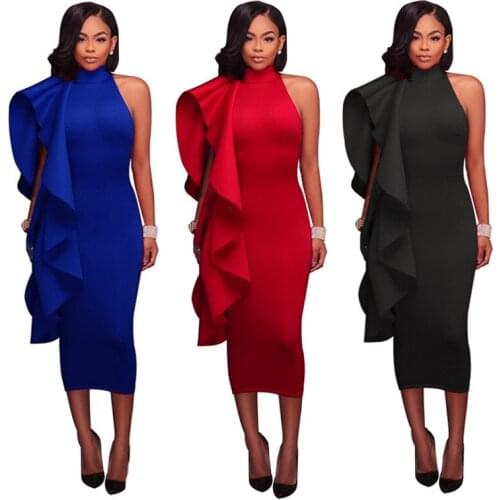 Women Long Party Dress Sexy Ruffles Slim Pencil Tight Robe Dress Sleeveless Turtleneck Lady Elegant Dinner Evening Maxi Dress