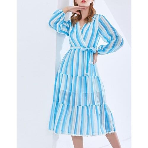 Free Shipping 2021 Summer Beach dress Women Casual V-neck Blue Stripe Long Dress Elegant Ladies Plus size XXXL