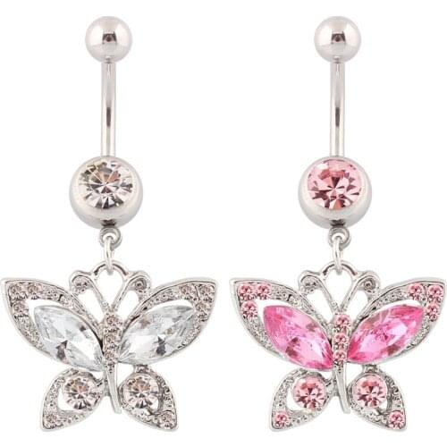 Women Fashion Elegant Colorful Rhinestone Butterfly Dangle Belly Rings Body Piecing Jewelry