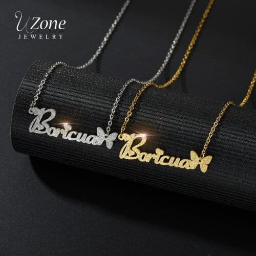 Uzone 2020 New Custom Frosted Name Necklace With Butterfly Women Girls Stainless Steel Personalized Letter Name Necklaces Gift