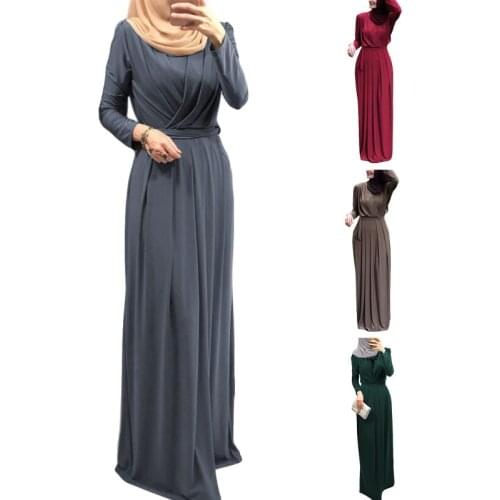 Women Muslim Long Sleeve Abaya Maxi Dress Cross Ruched V-Neck Belted High Waist Pleated Robe Ramadan Dubai Hijab Kaftan