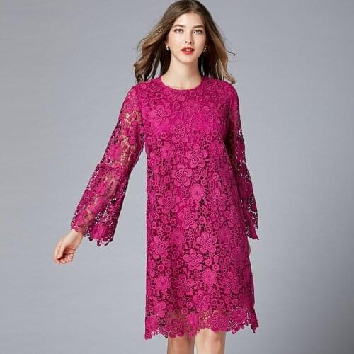 2020 Spring Summer Womens Female 3/4 Flare Sleeve A Line Dress , Embroidery Loose 4xl 5xl Korean Lace Dresses for Woman