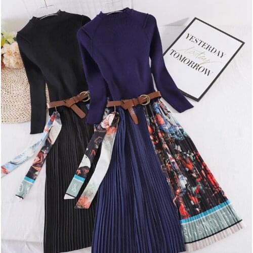 Elegant Knitted Patchwork Pleated Midi Dress 2020 Fall Winter Fashion Women Long Sleeve Ethnic Retro Printing Pleated Dress