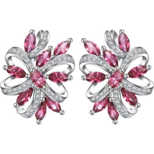 Luxury Women Jewelry Hot Pink Zircon Hoop Earrings for Wedding Engagement Party Earring Set Gifts