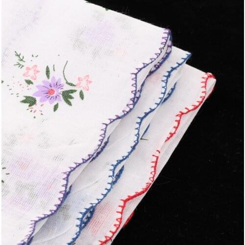 3 Pack Flower Embroidered Handkerchief Women 100% Cotton Square Pocket Hanky Girls Cute Wavy Edge Kerchiefs Hankie