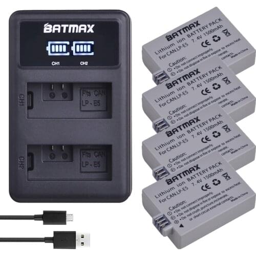 4Pcs 1500mAh LP-E5 LPE5 LP E5 Batteries+LED Dual USB Charger for Canon EOS 450D 500D 1000D Kiss X3 Kiss F Rebel Xsi