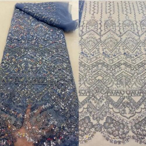5yards/pc) High grade embroidered French net lace African tulle lace fabric with rich beads and sequins for party dress FRX036
