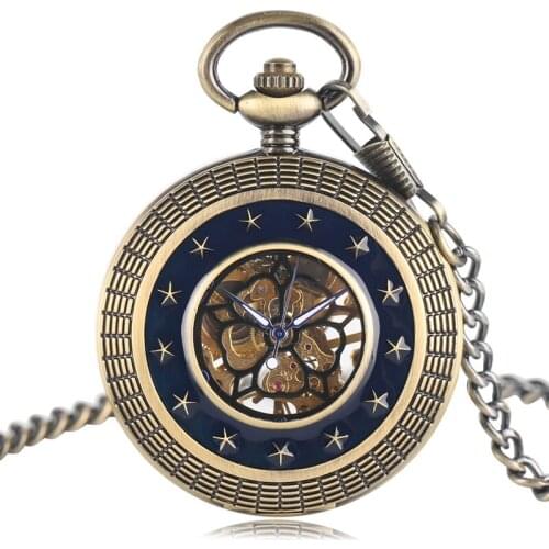 Antique Mechanical Hand Wind Pocket Watch Men Women Dark Blue Star Hollow Circle Brozne Unisex Fob Clock With Necklace