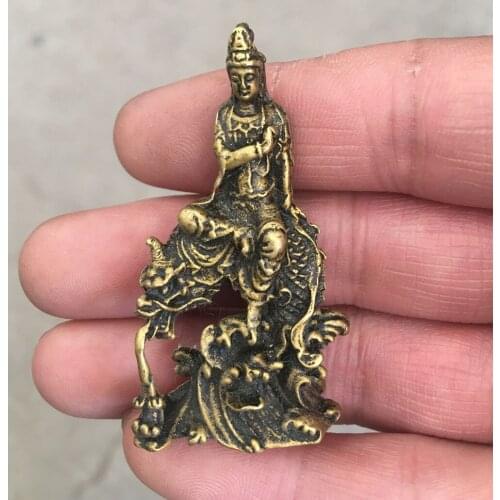 6 cm Old Sitting on the Dragon Goddess of Mercy Bronze Buddha Statue