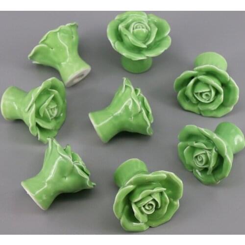 8PCS Funiture Hardware Green Ceramic Rose Flower Cabinet Knob Cupboard Closet Drawer Pull Handle with Screws